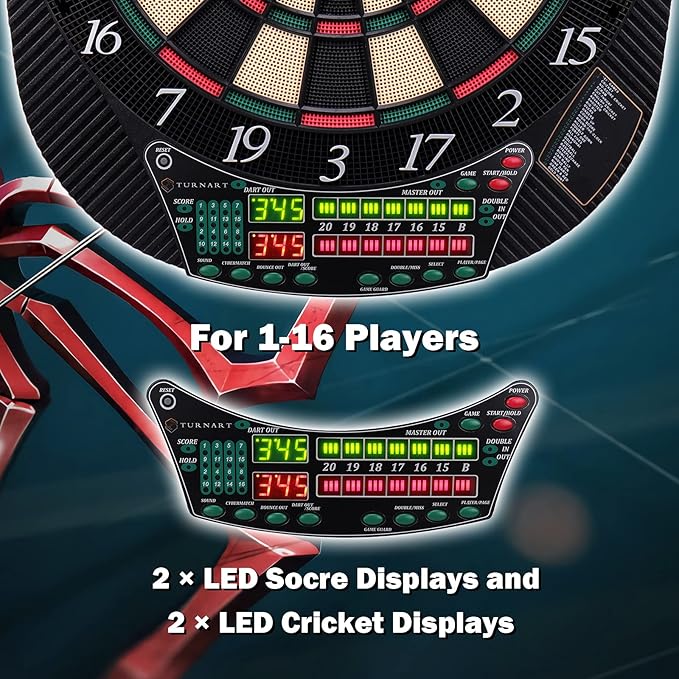 Turnart Electronic Dart Board - Dart Board Electronic Scoreboard for 16 Players - 6 Darts Plastic Tips 50 Soft Tips LED Display Power Adapter Throw Line