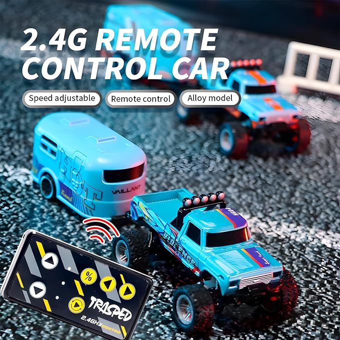Mini Rc Truck, 1:64 Scale Monster Truck Remote Control Car with Lights, 2.4Ghz Remote Control, Speed/Steering Adjustable (Blue-B)