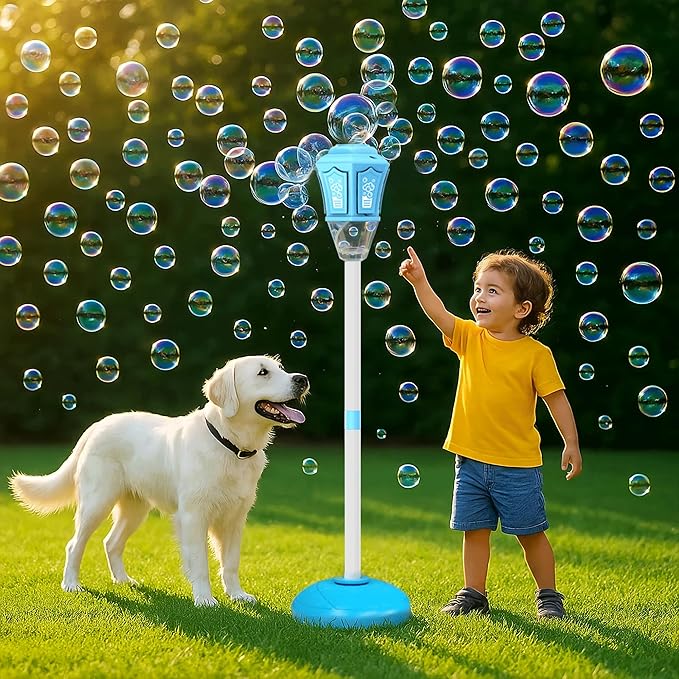Bubble Machine for Kids with Lights & Music, 47” Automatic Bubble Stand Blower Wand, Rechargeable Outdoor Toy for Teens & Adults, Includes 150g Bubble Solution
