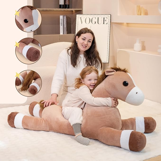 51" Giant Horse Stuffed Animals, Large Stuffed Horse Plush Pillow 4.2ft, Soft Large Stuffed Pony, Cute Farm Animals Plush Toys, Gifts for Kids Boys Girls on Birthday Children's Day Christmas