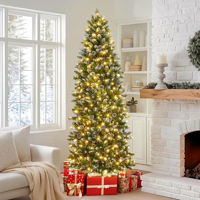GAOMON Slim Artificial Christmas Tree, 6ft Pre-lit with 400 Warm White Lights, Pre-Decorated 60 Pine Cones & 700 Flocked Tips, for Home Office Party Decor (Xmas, New Years) Includes Metal Stand
