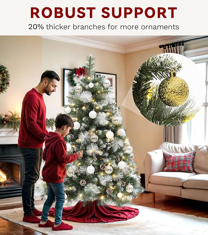 DWVO Prelit Christmas Tree 4.5ft with 34 Pine Cones & White Pine Needle, Atificial Tree with 150 LED Lights, Full Green Xmaxs Trees with 396 Metal Hinged Branch Tips & Stand Remote Controlled