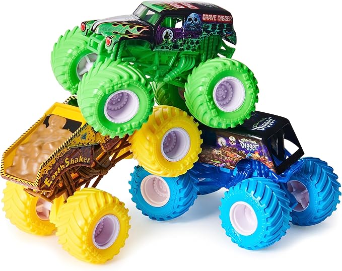 Monster Jam, Charged Crushers 3-Pack (Grave Digger, Son-Uva Digger and Earth Shaker), 1:64 Scale