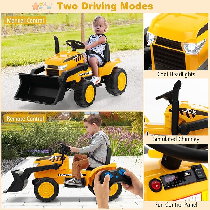HONEY JOY Ride on Excavator, 12V Battery Powered Wheeled Loader Digger Kids Bulldozer w/Adjustable Digging Bucket, Headlights, Music, Horn, Slow Start, Electric Construction Vehicle for Kids, Yellow