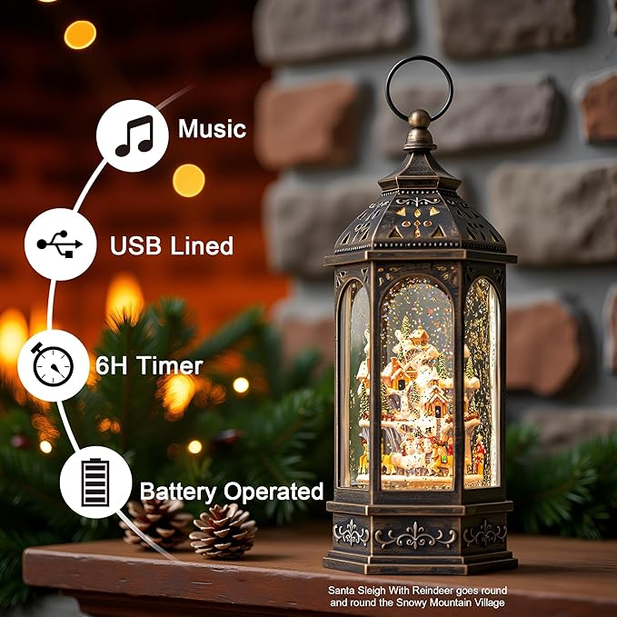 12.8'' Christmas Village Snow Globe Lantern, Santa Sleigh with Reindeer Will Rotate Around The Snowy Mountain Village with Musics Swirling Glitter Water Lantern for Home Decoration and Gift
