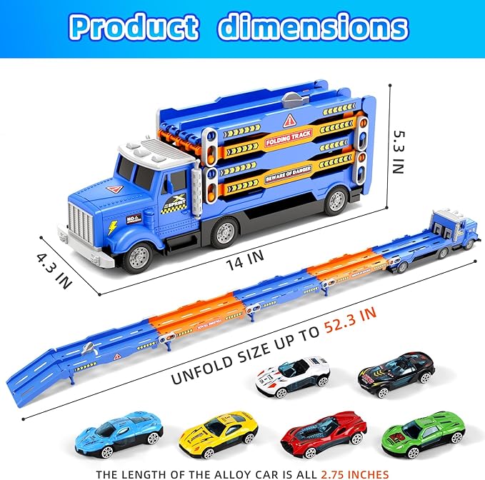 HONGTUO Toddler Truck Track Set with Lights & Sounds – 55-Inch Racing Track with 6 Die-Cast Cars, Perfect Birthday for 3 4 5 6 7 Years Old Boys and Girls