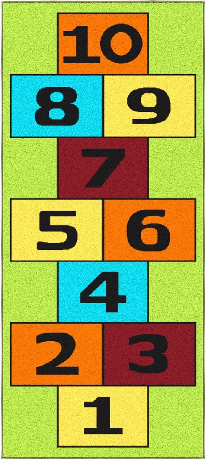 Ottomanson 2'7" x 6' Hopscotch Kids Rug - Play Mat for Playroom, Bedroom, Daycare & Classroom - Fun & Interactive Game Carpet - Durable and Non-Slip - Perfect for Learning & High-Traffic Areas, Green