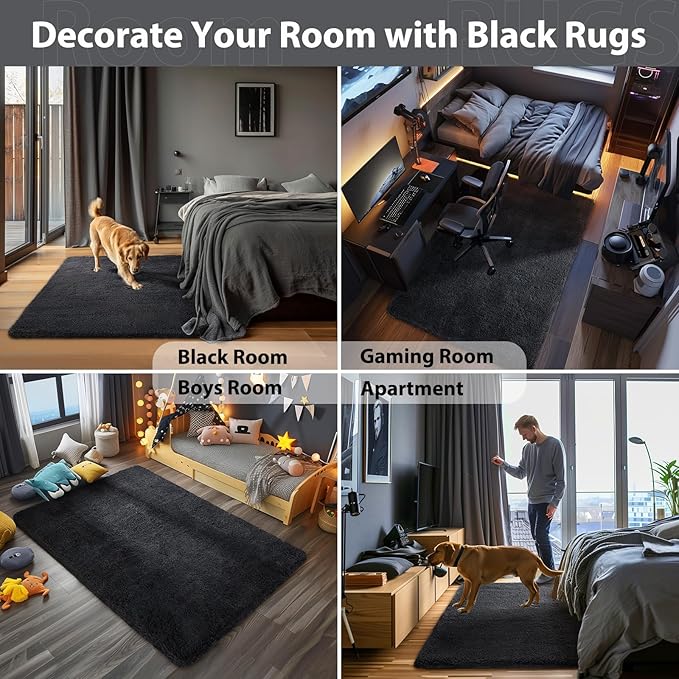 Ophanie Black Area Rugs for Bedroom Living Room, 4x6 Fluffy Fuzzy Shag Shaggy Carpet Soft Plush Furry Bedside Rug, Indoor Floor Rug for Kids Girls Boys Home Decor Aesthetic, Dorm Nursery