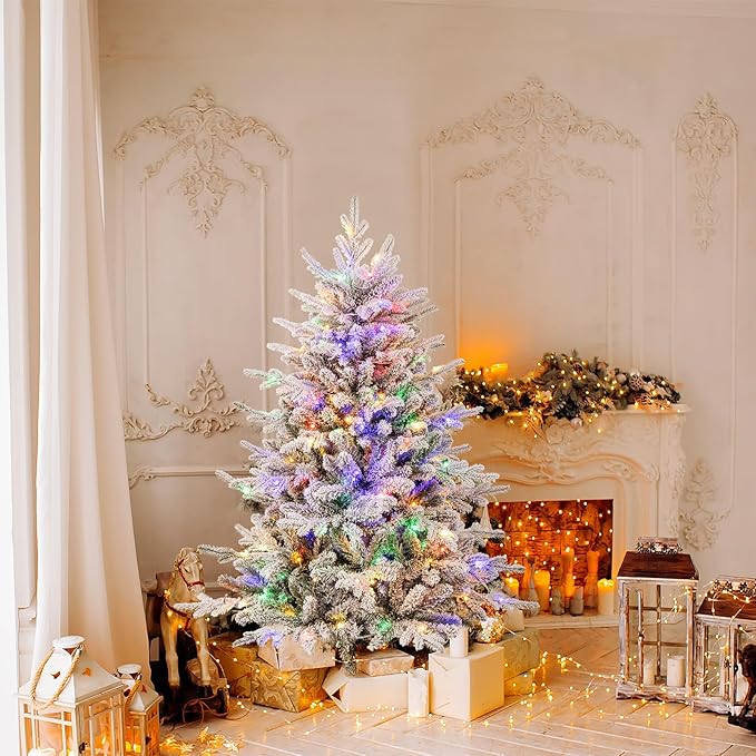 GOFLAME 4.5ft Pre-Lit Christmas Tree Snow Flocked, Hinged Artificial Xmas Tree with 436 Branch Tips, 160 Multi-Color LED Lights, 8 Lighting Modes, Holiday Decoration Tree for Home Office Party