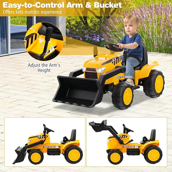 HONEY JOY Ride on Excavator, 12V Battery Powered Wheeled Loader Digger Kids Bulldozer w/Adjustable Digging Bucket, Headlights, Music, Horn, Slow Start, Electric Construction Vehicle for Kids, Yellow