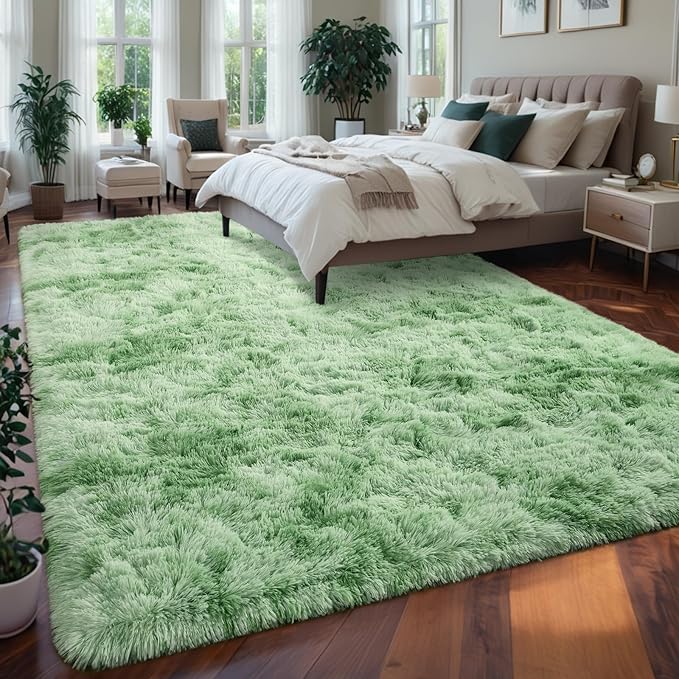 Nuttumico Fluffy Modern Area Rugs for Living Room Bedroom, 4x6 ft Sage Green Tie-Dyed Plush High Pile Rug for Kids Girls Room Nursery Home Decor, Upgrade Non-Slip Soft Indoor Rug