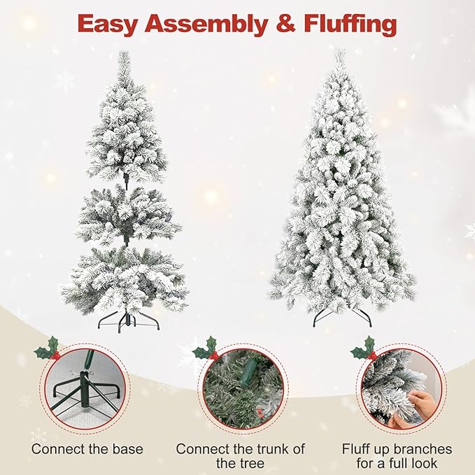 4 Ft Unlit Snow Flocked Christmas Tree, Artificial Xmas Tree with 350 PVC/PE Realistic Branch Tips, Metal Stand Decor for Holiday, Party, Home Easy to Assemble