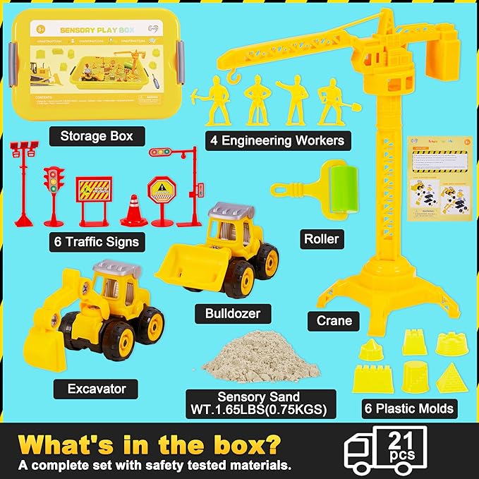 Construction Sensory Bin, Tractor Sand Playset Construction Sandbox with Toy Truck Play Sand and Signs, Sand Art Kit for Kids Ages 3 and up