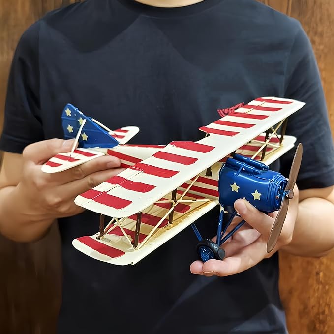 Vintage American Airplane Model Decor Nostalgic Aviation Military Handmade Metal Diecast Biplanes WW1 Style Decoration for MancaveTabletop Office Shelf Bar Collectible Aircraft Gift