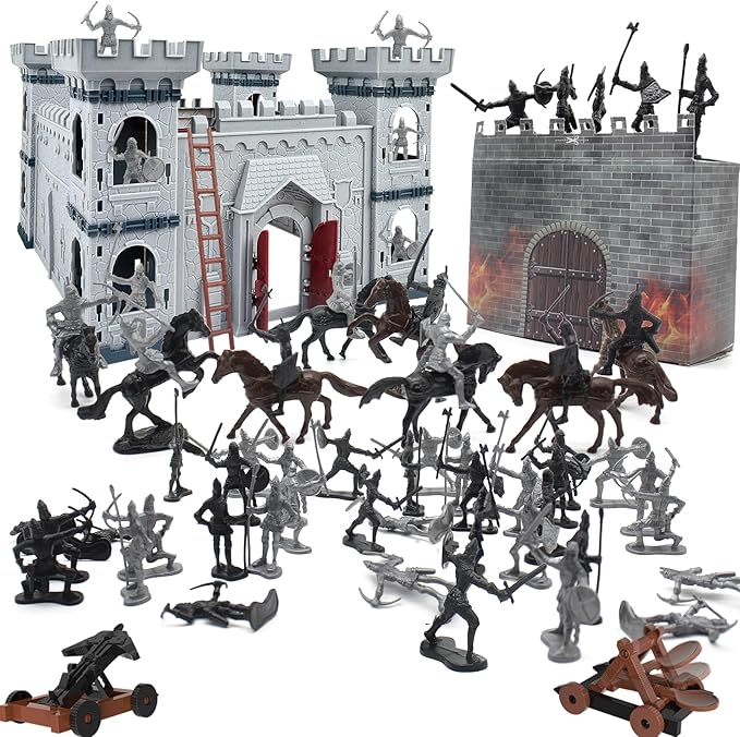Medieval Castle Knight Toy Soldier Army Figurines, DIY Assembled Cavalry, Arrow Tower,8 Knights and 8 Horse, 36 Soldiers, Simulated Siege War of Attack Castle Toy for Boys