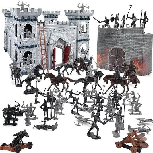 Medieval Castle Knight Toy Soldier Army Figurines, DIY Assembled Cavalry, Arrow Tower,8 Knights and 8 Horse, 36 Soldiers, Simulated Siege War of Attack Castle Toy for Boys