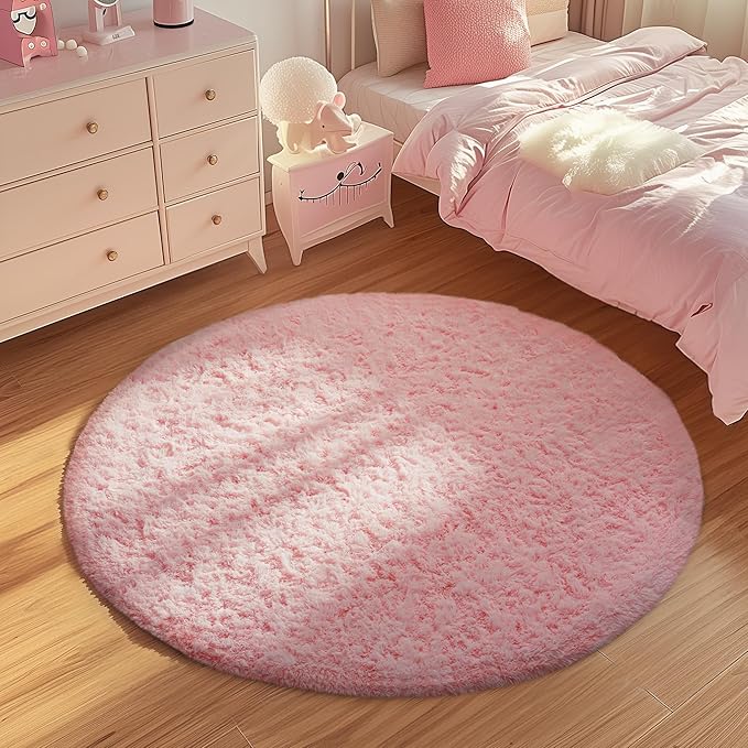 Ophanie Pink Rug for Bedroom Girls, Kids Fluffy Kawaii Fuzzy Furry Shag Area Rug, Cute Plush Soft Shaggy Bedside Round Rugs 4Ft, Indoor Circle Carpet for Teen Nursery Dorm Home Room Decor Aesthetic