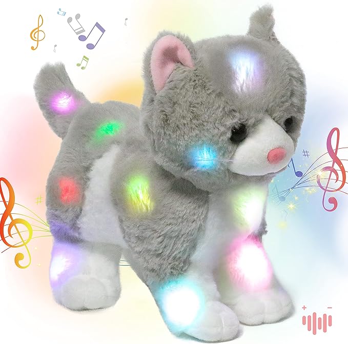 Hopearl LED Musical Stuffed Kitty Lighting Up Singing Plush Cat Adjustable Volume Lullaby Animated Soothe Birthday Gifts for Kids Toddler Girls, Grey, 13.5''