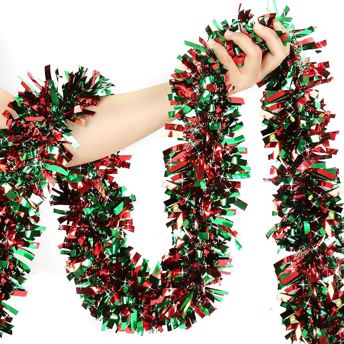 50FT Christmas Tinsel Garland - Metallic Tinsel Twist Garland for Christmas Tree Decorations,Holiday Home Indoor Outdoor Party Supplies (Green and Red)
