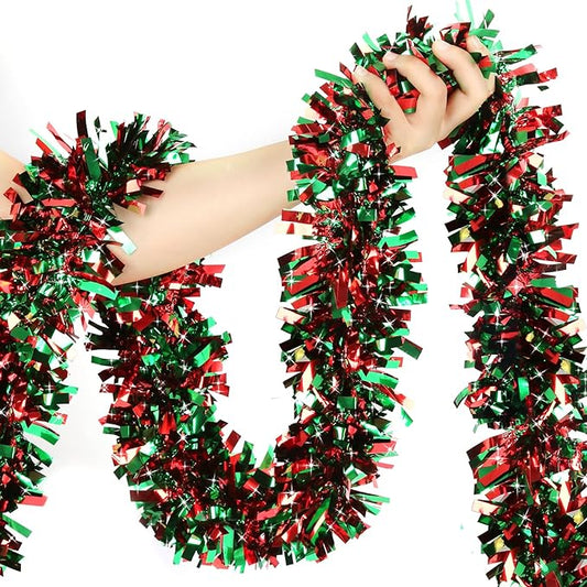 50FT Christmas Tinsel Garland - Metallic Tinsel Twist Garland for Christmas Tree Decorations,Holiday Home Indoor Outdoor Party Supplies (Green and Red)