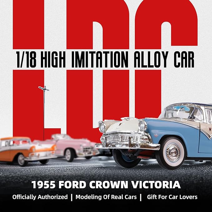 1955 Ford Crown Victoria 1/18 Scale Die-Cast Metal Model Premium Classic Vintage Alloy Cars with Display Case, with Opening Doors, Best Gift for Men, Dad & Kids 14+ Years (Blue)