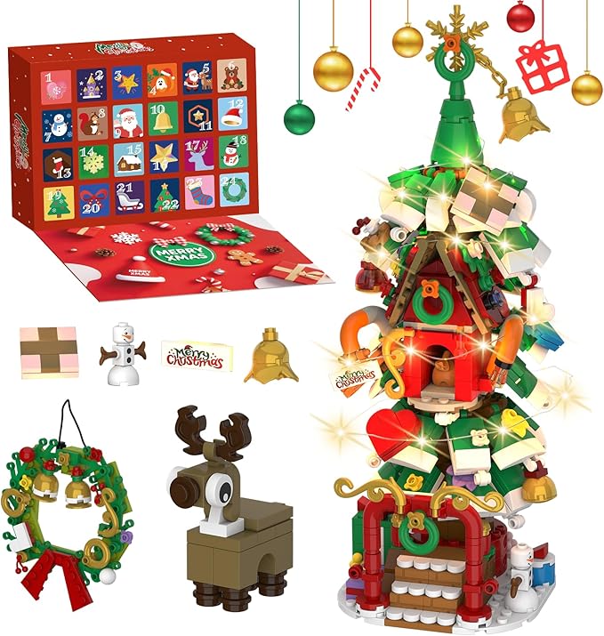 Advent Calendar 2025 Christmas Tree House Building Set with Wreath and Reindeer,ChristmasTree Building Blocks Kit with LED Light,24 Days Christmas Countdown Toys Building Set for Teen Boys Girls Gifts