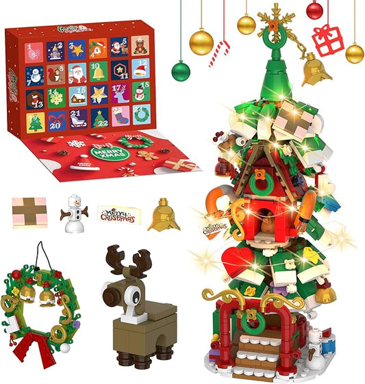 Advent Calendar 2025 Christmas Tree House Building Set with Wreath and Reindeer,ChristmasTree Building Blocks Kit with LED Light,24 Days Christmas Countdown Toys Building Set for Teen Boys Girls Gifts