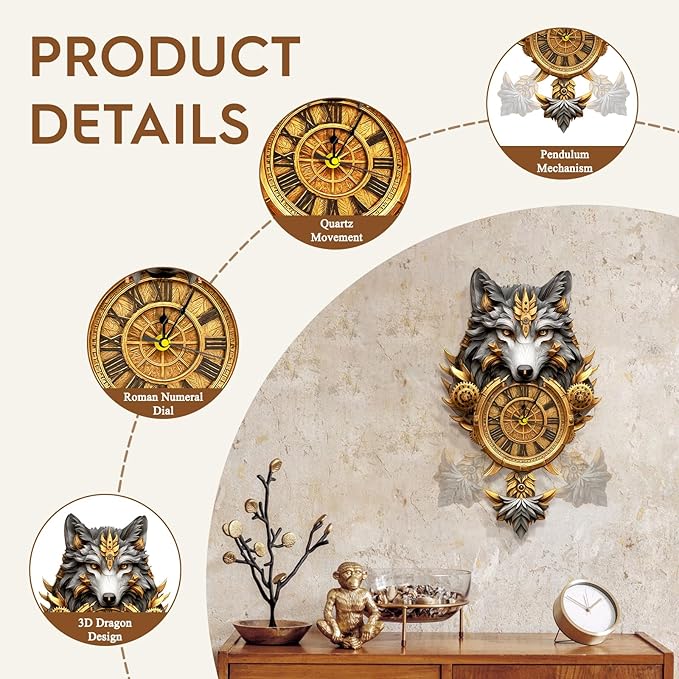 3D Puzzles for Adults Clock-Gray Wolf Design Model Kit-Mechanical DIY Pendulum Clock with Roman Numerals-Desk Home Office Decor Personalized Gift for DIY Lovers