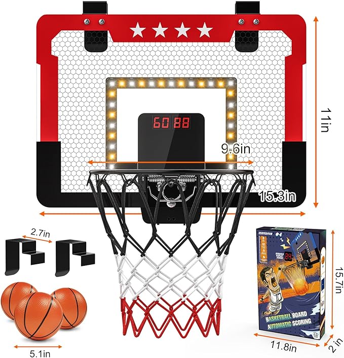 Indoor Basketball Hoop for Kids, Mini Basketball Hoop with Double Electronic Scoreboard and LED Light, Over The Door Basketball Gifts Toys for 5 6 7 8 9 10 11 12 Year Old Boys (West Red)