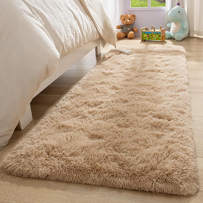 2x6 Beige Fluffy Bedside Runner Rug Machine Washable, Shag Throw Bedroom Rugs Non Slip, Hallway Small Area Long Plush Carpet for Nursery, Kid Boy Girl Room