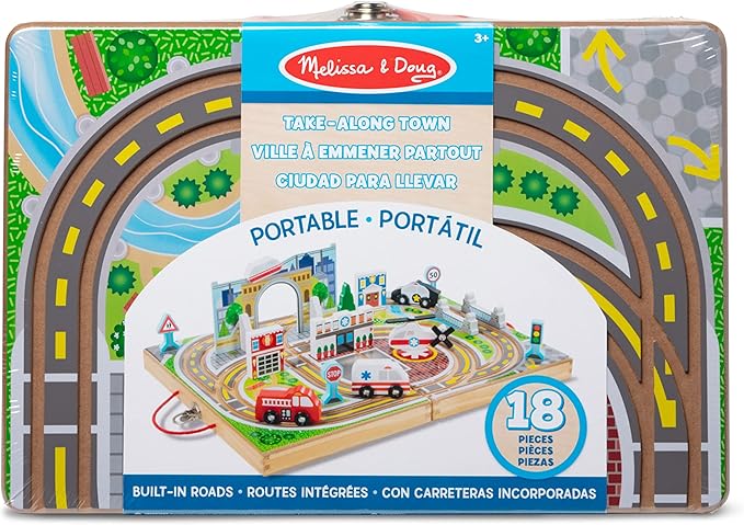 Melissa & Doug 18-Piece Wooden Take-Along Tabletop Town, 4 Rescue Vehicles, Play Pieces, Bridge