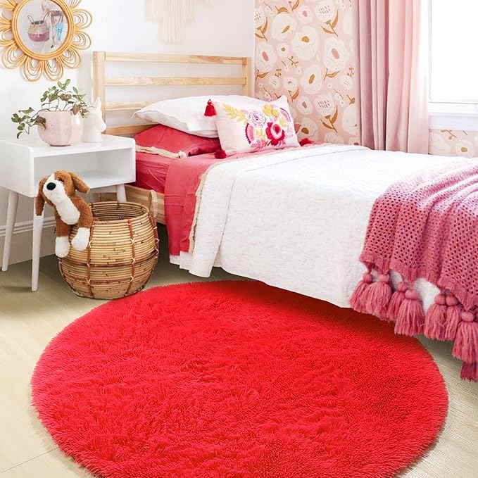 ONASAR Red Round Area Rug 4x4, Soft Bedroom Circle Rugs Floor Mat for Kids Girls Teen Room, Kawaii Fluffy Plush Shaggy Carpet for Nursery Living Room Playroom Christmas Home Decor Princess Castle