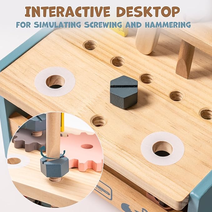 ROBUD Mini Wooden Play Tool Workbench Set for Kids Toddlers - Montessori Toys for 3 4 5 Years Old Boys Girls