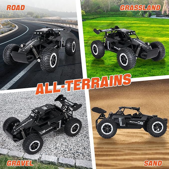 Remote Control Car, Remote Control Truck, 1:16 Balck 2.4Ghz All Terrain Off-Road Monster Truck, 20 km/h RC Cars with LED Bodylight and 2 Rechargeable Batteries Toys Gifts for Adults Boys 3+ Years