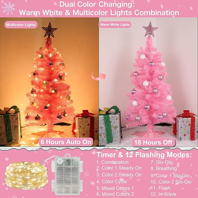3 Ft Premium Pink Christmas Tree with Lights, Battery Operated Timer 8 Modes 50 Warm White Lights Small Artifical Full Christmas Tree for Tabletop Home Office Indoor Outdoor Xmas Holiday Decorations