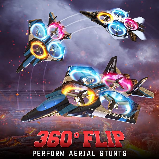 BEZGAR Brushless Drones for Kids | 2.4GHZ RC Plane with Camera, 6-axis Gyro Remote Control Airplane, 360° Flip Fighter Jet Toy, Toys for ages 8-13 with Colorful LED Navigation Lights Blue