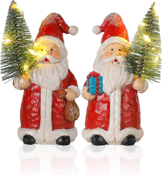 iStatue 2-Pack Lighted Santa Resin Figurines with Christmas Trees, 5" Mini Christmas Decorations, Battery Powered Warm White LED Hand-Painted Tabletop/Mantel Holiday Decor Gifts (Red Santa)