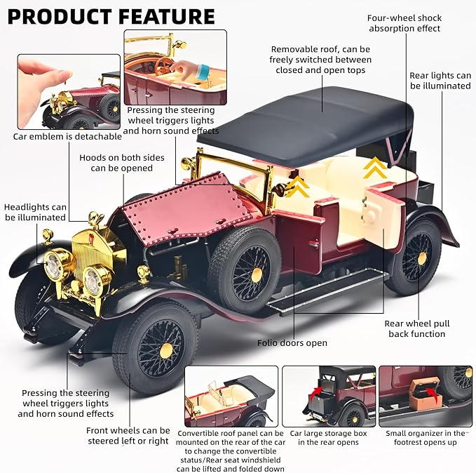 Model Car Kits Adults and Boys 1/24 Diecast Cars Phantom Generation Vintage Car Collectibles,Die Cast Metal Pull Back Cars with Lights and Sounds,Toy Cars for Boys Age 3-12（Red）