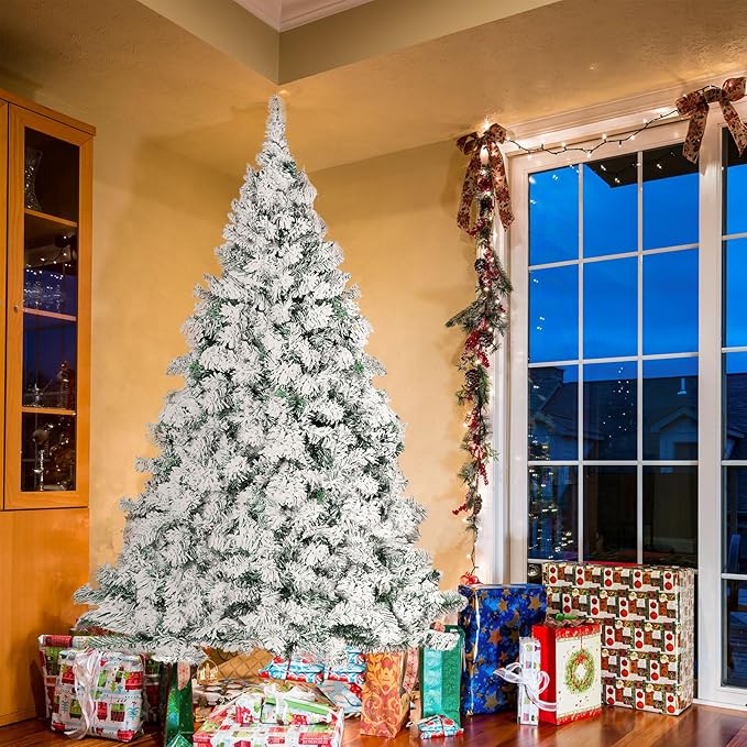 6ft Premium Hinged Artificial Holiday Christmas Tree for Home, Office, Party Decoration Snow Flocked Xmas Pine with 1,000 Branch Tips, Easy Assembly, Metal Hinges & Base (White)