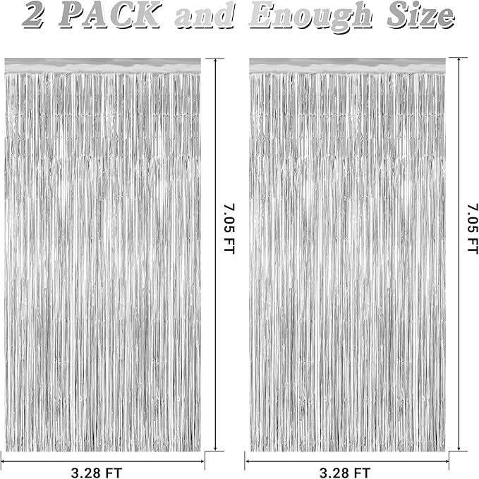 2 Pack Tinsel Backdrop, 3.28 FT x 7.05 FT Birthday Party Decorations, Silver Party Streamer Fringe Curtains Foil Backdrop, Metallic Silver Photo Props Party Supplies Party Decor