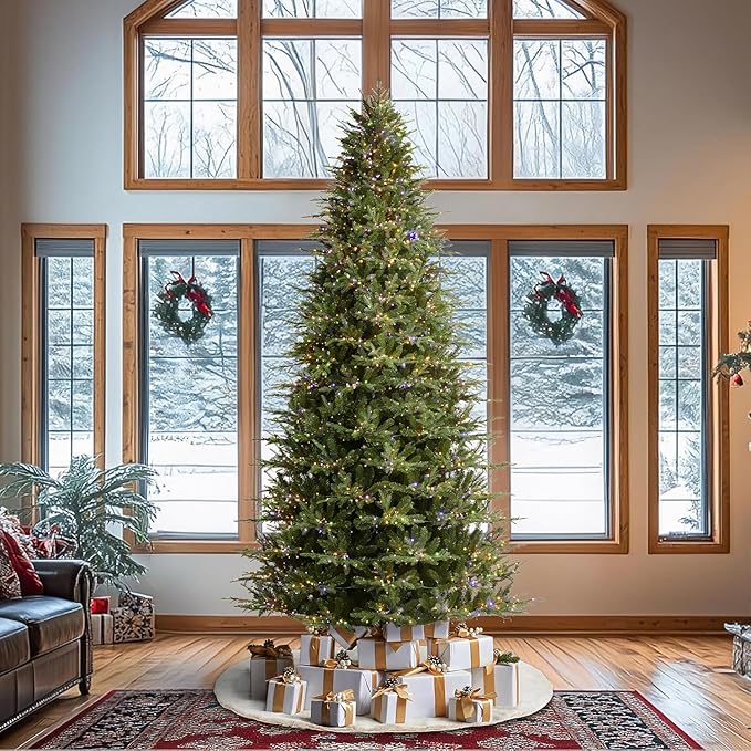 Glitzhome 11ft Pre-lit Artificial Christmas Tree, Majestic Evergreen Fir Green Full Xmas Tree with 3200 Warm White/Multi-Color Horse Race LED Lights, 9 Function w/Foot Pedal and Remote Control