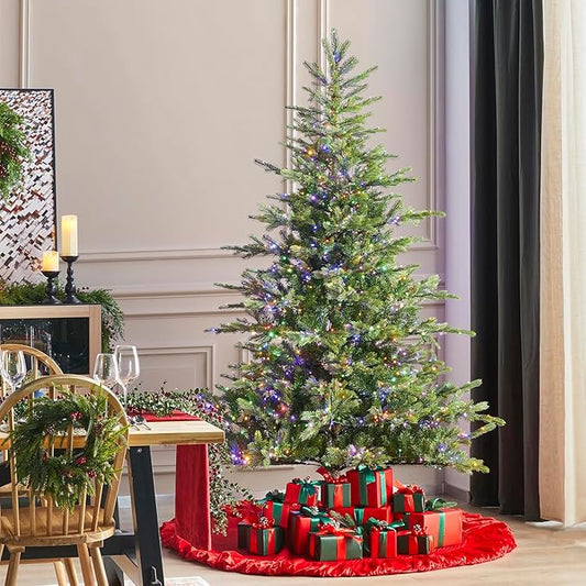 Glitzhome Prelit Christmas Tree, 7.5ft Green Full Christmas Tree Vibrant Evergreen Fir with 1600 Warm White/Multi-Color Horse Race LED Lights, 9 Function w/Foot Pedal and Remote Control,Easy Assembly