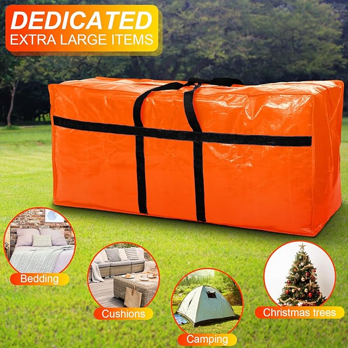 Windyun 4 Pack 57 Gallon Extra Large Storage Bags XXL Moving Bags with Zipper Handles Heavy Duty Jumbo Big Totes Box for Halloween Skeleton 4-12 Feet Christmas Tree Storage College Dorm Cloth (Orange)