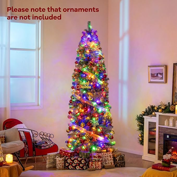GOFLAME 7.5FT Pre-Lit Pencil Christmas Tree, Hinged Artificial Xmas Tree with 724 Branch Tips, 250 LED Lights, 9 Lighting Modes & Folding Metal Stand, Slim Holiday Decoration Tree for Home Party