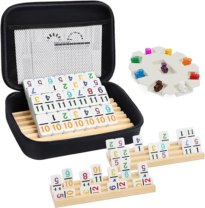 Mexican Train Dominoes Set with Numbers and 4 Wooden Trays/Racks, Double 12 Dominos Travel Set with 4 Tiles Holders, 91 Tiles Double 12 Colored Dominoes Game Set with Portable Case for Families Kids