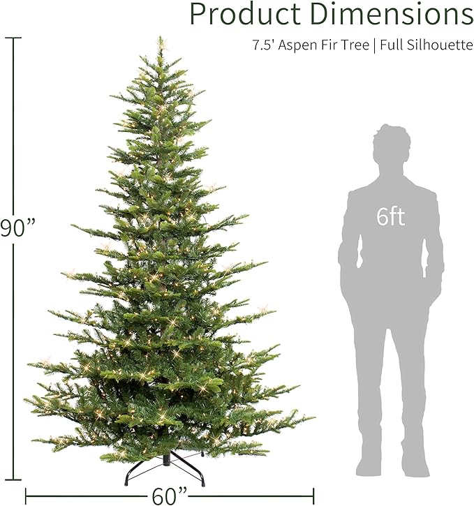 Puleo International 7.5ft Pre-Lit Aspen Fir Artificial Christmas Tree with 700 Clear Lights, 1319 Realistic Dense Branch Tips, Easy Setup Artificial Trees with Sturdy Metal Stand