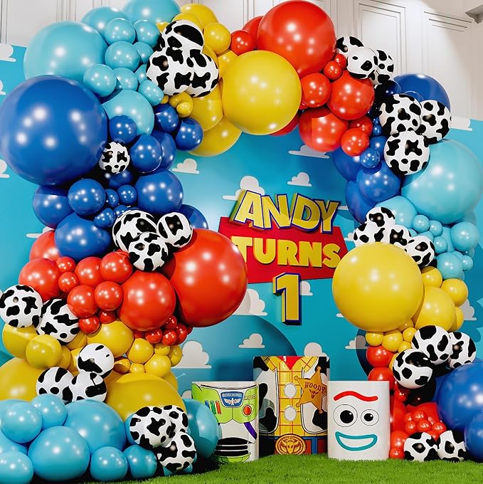ALL-IN-1 Toy Story Balloons Garland Kit & Arch for Toy Story Birthday Party and Baby Shower Decorations - Toys Story Balloons Latex with Cow Pattern for Woody and Buzz Lightyear Theme Supplies