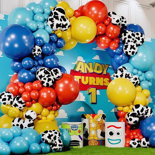 ALL-IN-1 Toy Story Balloons Garland Kit & Arch for Toy Story Birthday Party and Baby Shower Decorations - Toys Story Balloons Latex with Cow Pattern for Woody and Buzz Lightyear Theme Supplies