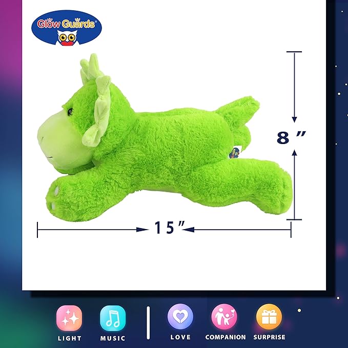 Glow Guards 15'' Light up Music Green Dinosaur Stuffed Animal Singing LED Triceratops Soft Plush Toy Pillow with Night Lights Birthday Children's Day Gifts for Toddler Kids