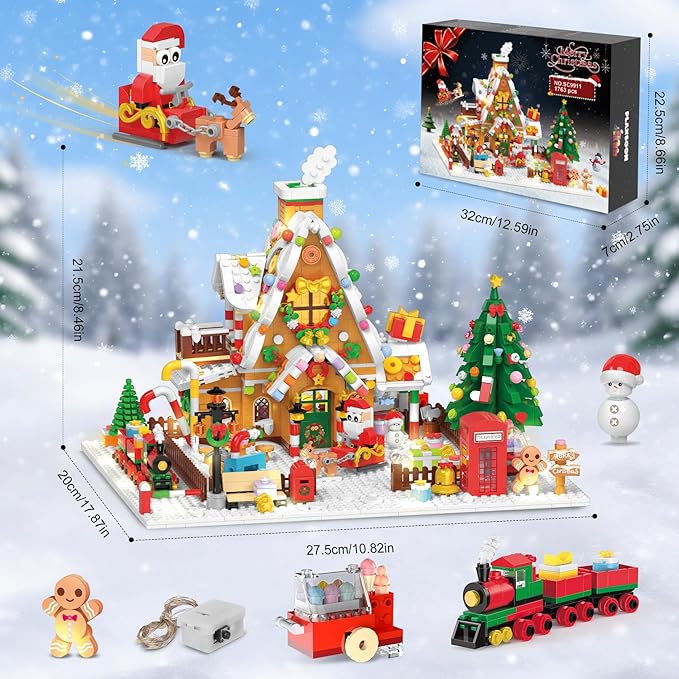 2025 Christmas Gingerbread House Courtyard Mini Building Set with Lights, Christmas Village Building Block Toy with Santa Xmas Tree Holiday Train Gift for Adults Boys Girls 14+ (1763PCS)